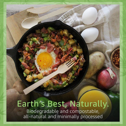 Bamboo Cutlery Set - 100 Biodegradable Utensils (50 Forks, 25 Spoons, 25 Knives), Compostable Eco-Friendly Flatware