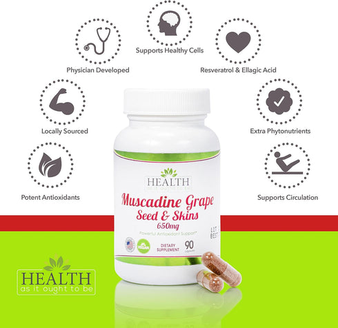 Health As It Ought To Be Muscadine Grape Seed & Skins Supplement, 90 Capsules for Antioxidant Support