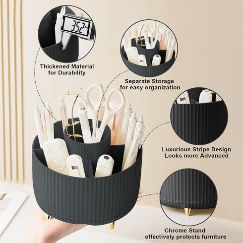 360 Rotating Makeup Brush Holder Organizer, 5 Slot Cup for Cosmetics, Nail Polish, Bathroom Vanity, Black