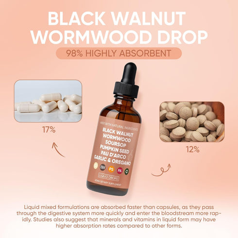 WOVOEO 60ml(1) Black Walnut Wormwood & Clove Drops with Soursop,Garlic,Pumpkin Seed,PAU D'Arco,Oil of Oregano