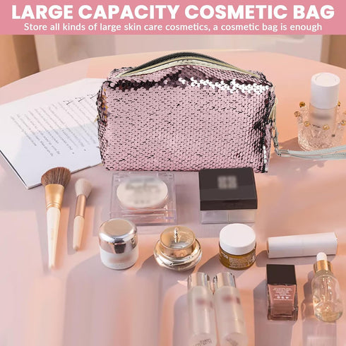 Magic Sequin Travel Cosmetic Bags - Reversible Glitter Makeup Organizer Bag for Women (Pink)