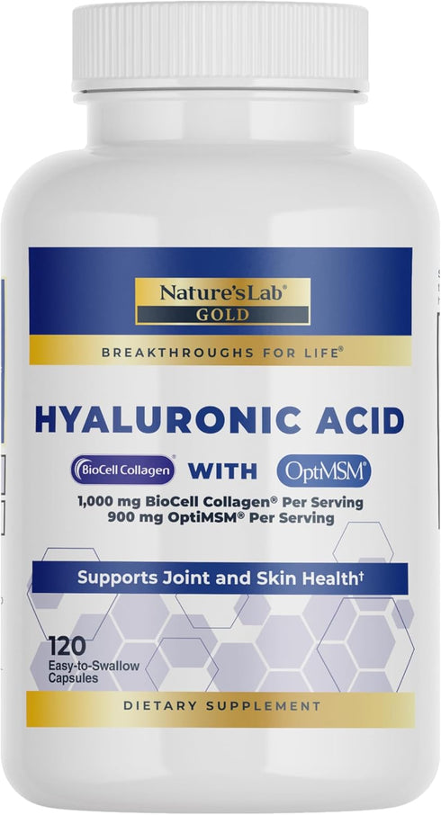 Nature's Lab Hyaluronic Acid with Biocell Collagen and MSM, 120 Capsules for Skin Hydration