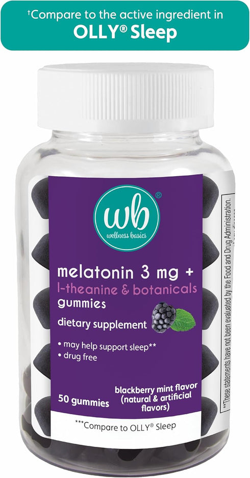 Gummy 3mg 50 Count Wellness Basics Melatonin for Restful Sleep | per Serving | Natural Sleep Support | BlackBerry Mint