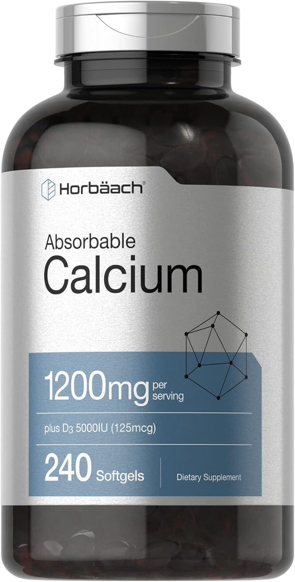 Horbaach Calcium 1200 mg with Vitamin D3, 240 Softgels, 5000 IU, Non-GMO, Gluten Free Absorbable Supplement