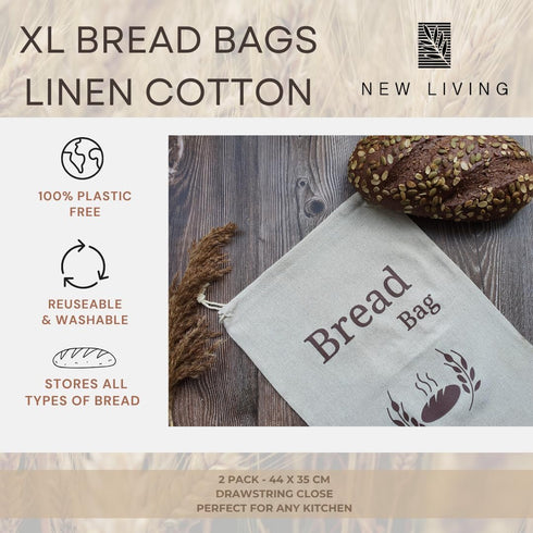 New Living 2 Pack 44x35 cm Organic Linen Cotton Bread Bags | Extra Large | Reusable Bread Storage Bags