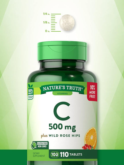 Vitamin C with Rose HIPS 500 mg - 110 Vegetarian Tablets, Non-GMO & Gluten Free by Nature's Truth.