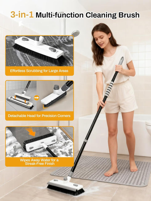 TransonTeda 3 1 55" in Floor Scrub Brush with Long Handle Push Broom Stiff Bristle Scrubber Brush Squeegee Scrape