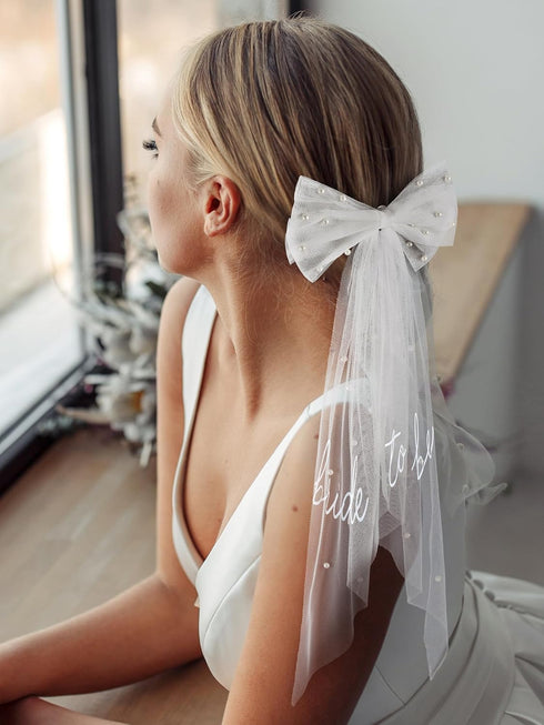 SWEETV Bridal Hair Bow Veil - White Bow Clip, Pearl Accessories for Bachelorette Party, Bridal Shower Gift