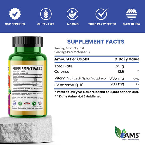 Q-Well-10 (60 Count) CoQ10 200mg Q10 America Medic & Science | Softgels | Nutritional Supplement with Coenzyme