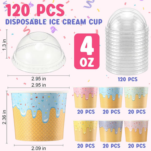 Jingmore 120 Pack 4 oz 5 Summer Ice Cream Paper Cups with Lids Disposable Ice Cream Bowls Paper Treat Dessert Cups