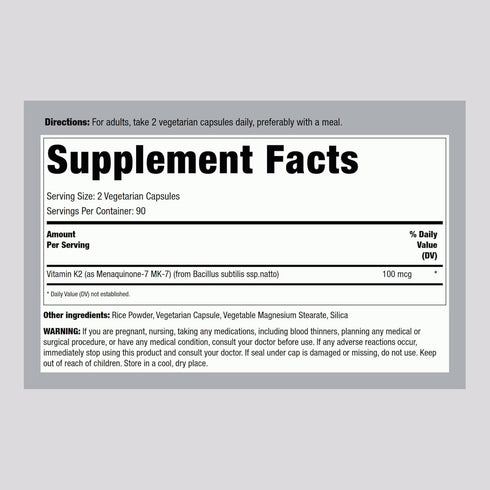 Piping Rock K2 MK7 | 100 mcg | 180 Vegetarian Capsules | Non-GMO, Gluten Free Supplement