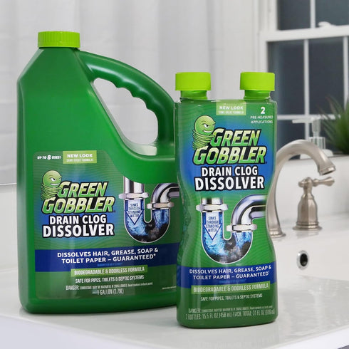 Green Gobbler Liquid Hair Drain Clog Remover & Cleaner, Septic Safe, 2 Pack for Toilets, Sinks, Tubs