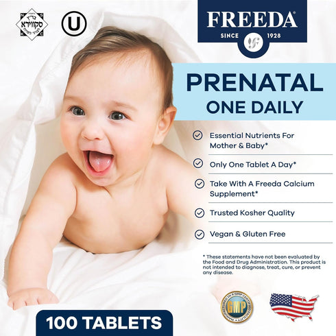 FREEDA Prenatal Vitamin - Kosher Prenatals with Iron, Folic Acid, Choline, Vitamin D for Pregnant Women