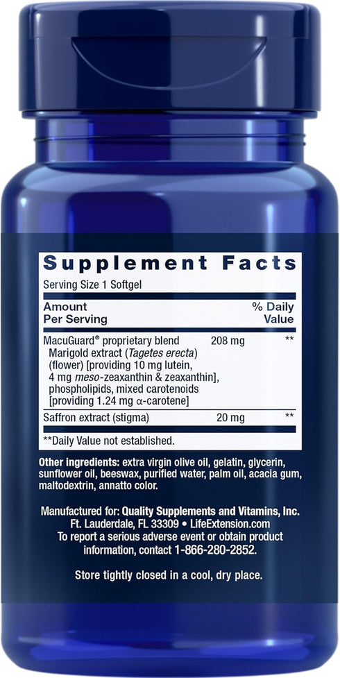 Life Extension MacuGuard Ocular Support with Saffron, 60 Softgels for Healthy Vision