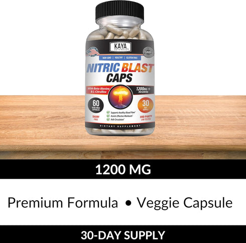 Kaya Naturals Nitric Blast, 60 Capsules - Potent All-Natural Herbal Supplement for Pre-Workout Energy