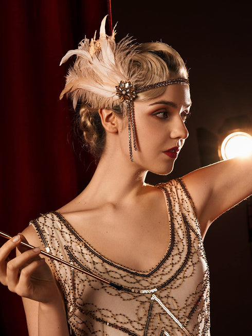SWEETV 1920s Flapper Headband, Rhinestone Pearl Feather Hair Band, Great Gatsby Accessories for Women, Champagne