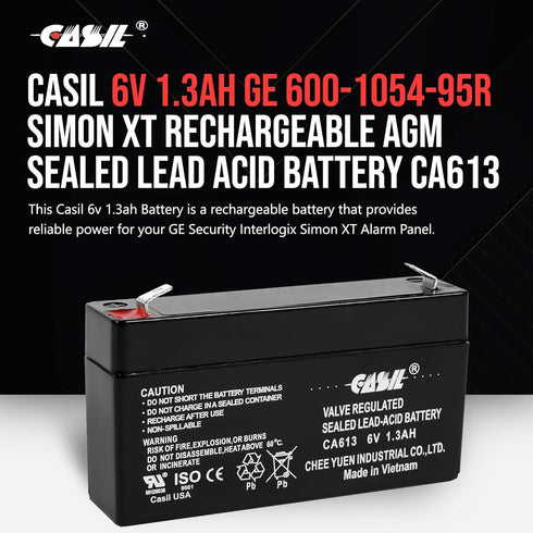 Casil 6V 1.3Ah SLA/AGM Replacement Battery – Maintenance-Free, Compatible with GE Simon 3, GE Simon XT, GE Interlogix