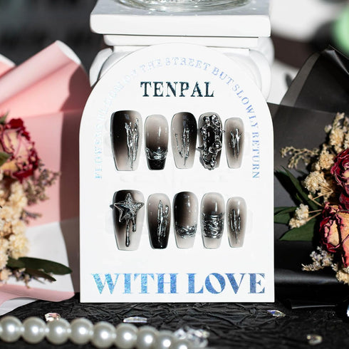 Coffin Press on Nails Medium Handmade Ombre Black Glitter 3D Chrome False Nails Press ons AirBrush Nail Art Irregular Gradient Metal Fake Nails With Glue For Women Girls 10pcs/Box(XS)