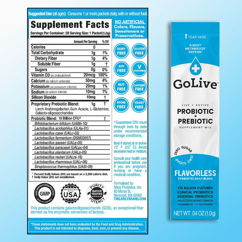 GoLIVE PROBIOTIC + PREBIOTIC SYNBIOTIC POWDER BLEND, Flavorless/Sugarless,for Women, Men & Kids For Better Gut Health,Digestion,Metabolism,Immunity, 10B-50B CFUs, Bimuno GOS+Vitamin D3+L-glutamine