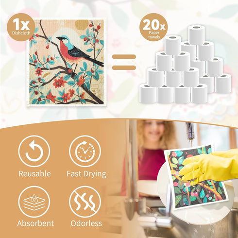 Swedish Dishcloths for Kitchen, 6-Pack Reusable Paper Towels with 3 Clips, Strong Absorbent Microfiber Towels