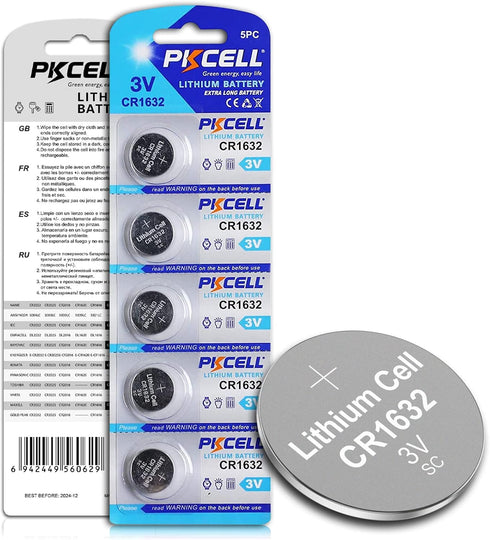 PKCELL 5Pack CR1632 Battery, 3V Lithium for Car Key Fob, Keyless Remote