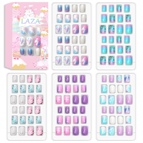 Laza 120pcs Children Nails Press On Pre-glue Full Cover Nail Tips Kit - Glitter Gradient Color Rainbow Short Artificial