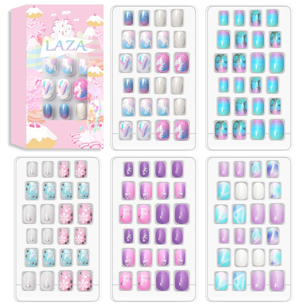 Laza 120pcs Children Nails Press On Pre-glue Full Cover Nail Tips Kit - Glitter Gradient Color Rainbow Short Artificial