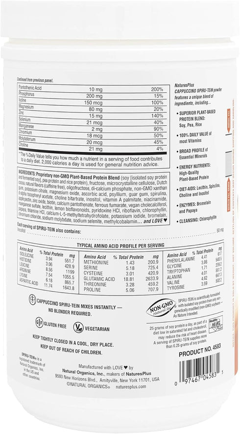 SPIRU-TEIN Shake - NaturesPlus, Cappuccino Flavor, 1.1 lbs, Plant Based Meal Replacement