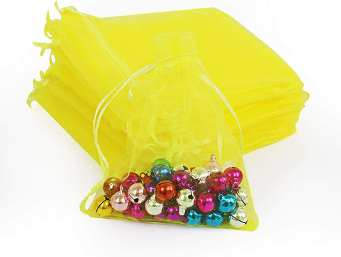 Lautechco 100Pcs Yellow Organza Bags - 4x6 inches Mesh Drawstring Gift Bags for Christmas