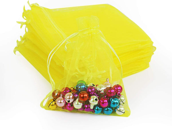 Lautechco 100Pcs Yellow Organza Bags - 4x6 inches Mesh Drawstring Gift Bags for Christmas