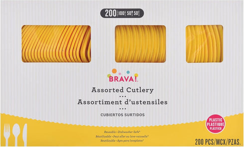 Pack 200 Reusable Yellow Sunshine Plastic Cutlery Assortment - of (Forks, Knives, Spoons) - Perfect for Parties