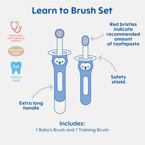 MAM Learn to Brush Set for Baby, 1 Toothbrush, 1 Training Brush, 1 Safety Shield, Interactive App, Blue
