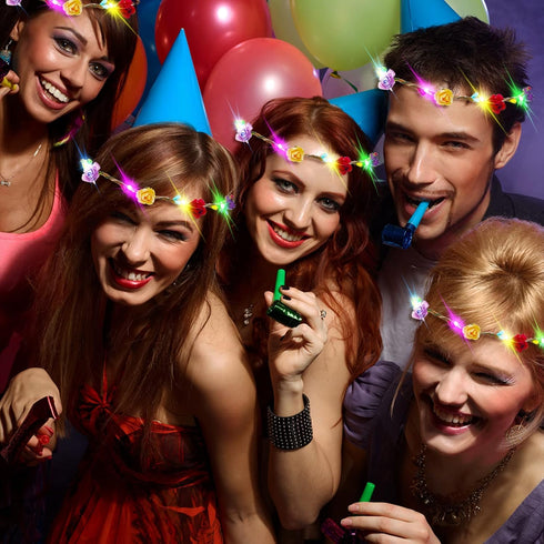 PTHTECHUS 12 Pack LED Flower Headband Crown - Glow in The Dark Party Supplies for Men Women