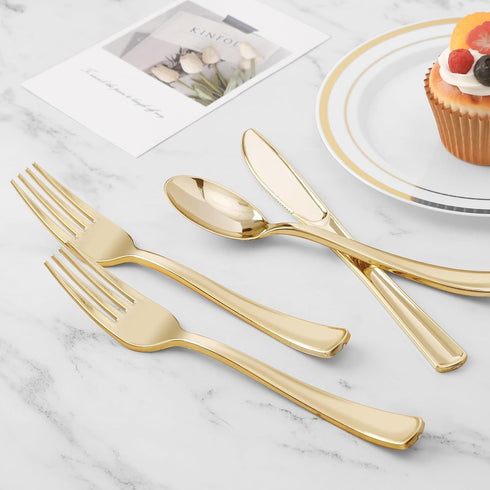 60PCS Gold Plastic Silverware, Heavy Duty Disposable Cutlery Set of 30 Gold Forks, 15 Spoons, 15 Knives for Parties