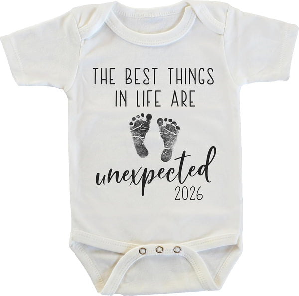 Witty and Bitty The Best Things in Life Are Unexpected Pregnancy Reveal Announcement Onesie/Bodysuit