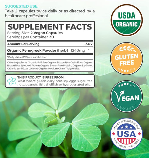 USDA Organic Fenugreek Capsules for Women, 60 Vegan Capsules, Effective Lactation Supplement for Increased Milk Supply