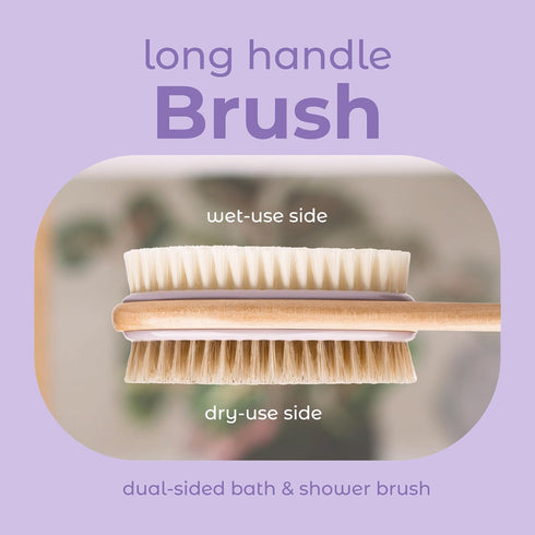 MainBasics Back Scrubber for Shower, Long Handle Dual-Sided Brush for Body Wash & Scrubbing, Lavender, Wood