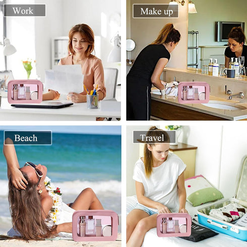 Portable Travel Cosmetic Case Organizer for Women, Clear and Waterproof Makeup Bag with Transparent Vinyl Windows &