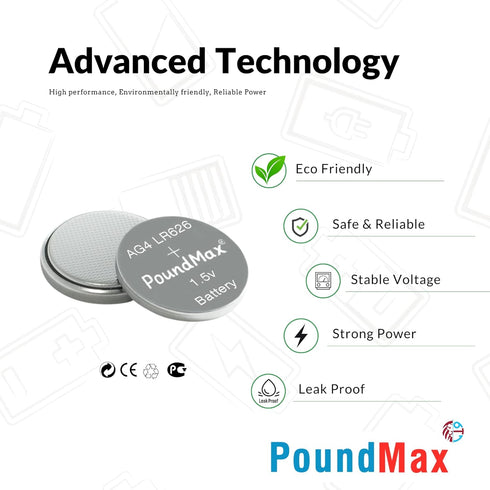 PoundMax AG4 LR626 1.5v 10 Count Batteries Alkaline Button Cell Battery