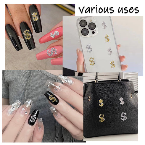 SILPECWEE 20pcs Alloy Money Dollar Nail Charms, 3D Silver & Gold Dollar Sign Rhinestones Nail Art Charms for Women Nail