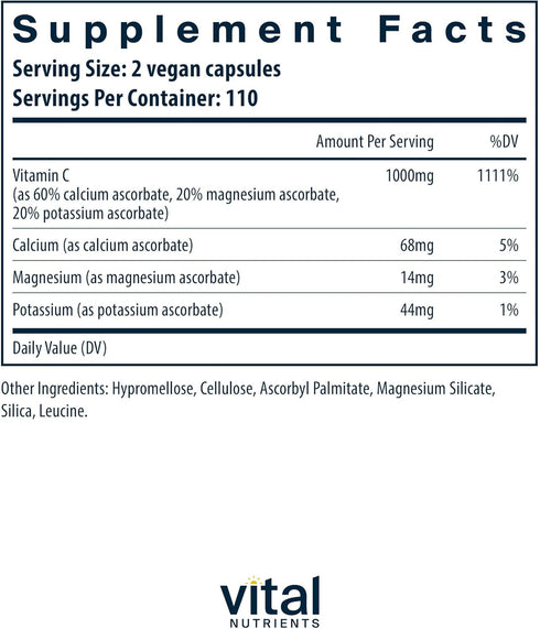 Vital Nutrients Buffered Vitamin C 500mg | Vegan Gentle Vitamin C for Immune Support - 220 Capsules