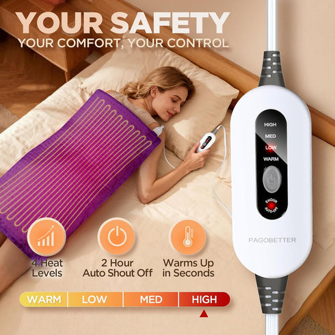 PAGOBETTER 17''x33'' 4 Settings 2 Countdown XXXL King Size Heating Pad with Temperature & Auto-Off Timers, Pain Relief