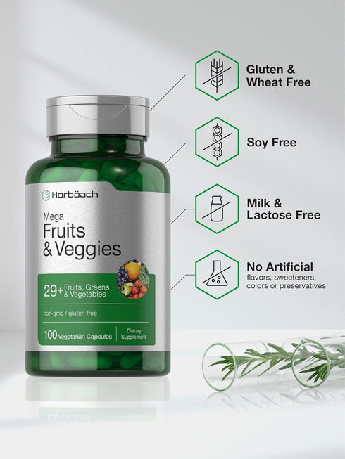 Horbaeach Mega Fruits and Veggies Supplement | 100 Capsules | Vegetarian, Non-GMO, Gluten Free