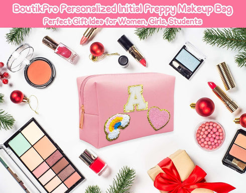 Personalized Initial Preppy Makeup Bag Set - Monogram Waterproof Travel Cosmetic Bag for Women, Cute Toiletry Bag