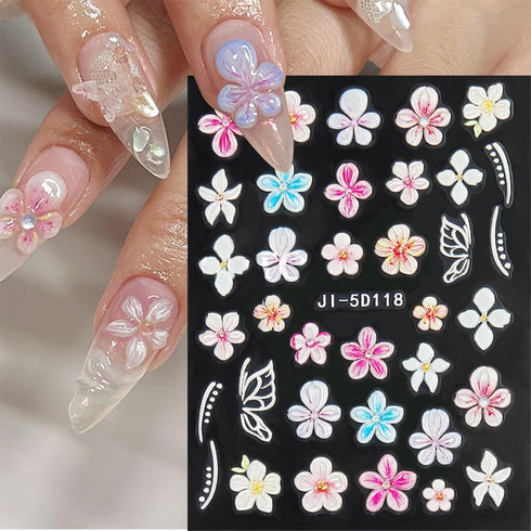 Flower Nail Art Stickers Luxury 5D Embossed Colorful Five Petal Flowers Nail Design for Women, 3 Sheets