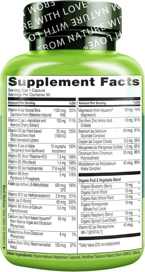 NATURELO Mens Multivitamins for Men 50+ - One Daily Multivitamin with Organic Whole Foods, Vitamins & Minerals, 60
