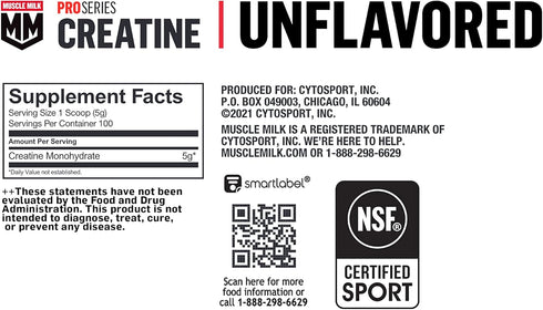 Muscle Milk Pro Series Creatine Powder - Unflavored, 1.1 Pound, 100 Servings, NSF Certified for Sport