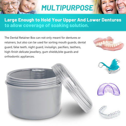 Waterproof Denture Bath with Portable Brush Holder, Denture Case with Brush, Partial Denture Case with Basket for