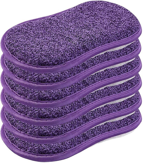 6 Pack Kitchen Dish Sponge Scrub, Heavy Duty Scrubber for Dishes and Pots, Reusable Microfiber, Purple