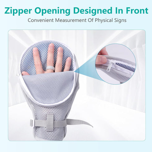 Medical Restraint Gloves - 2Pcs, Hand Protective Gloves Zip-Up for Dementia Patients or Elderly, Bed Restraints Mitts, Limb Holder, Movement Limited Ties for Big Hands (Gray-Zip-L)
